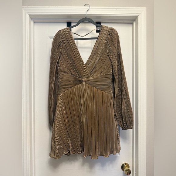 Jewel Badgley Mischka Beige Brown Balloon Long Sleeve Mini Dress Size 12 - Picture 3 of 9